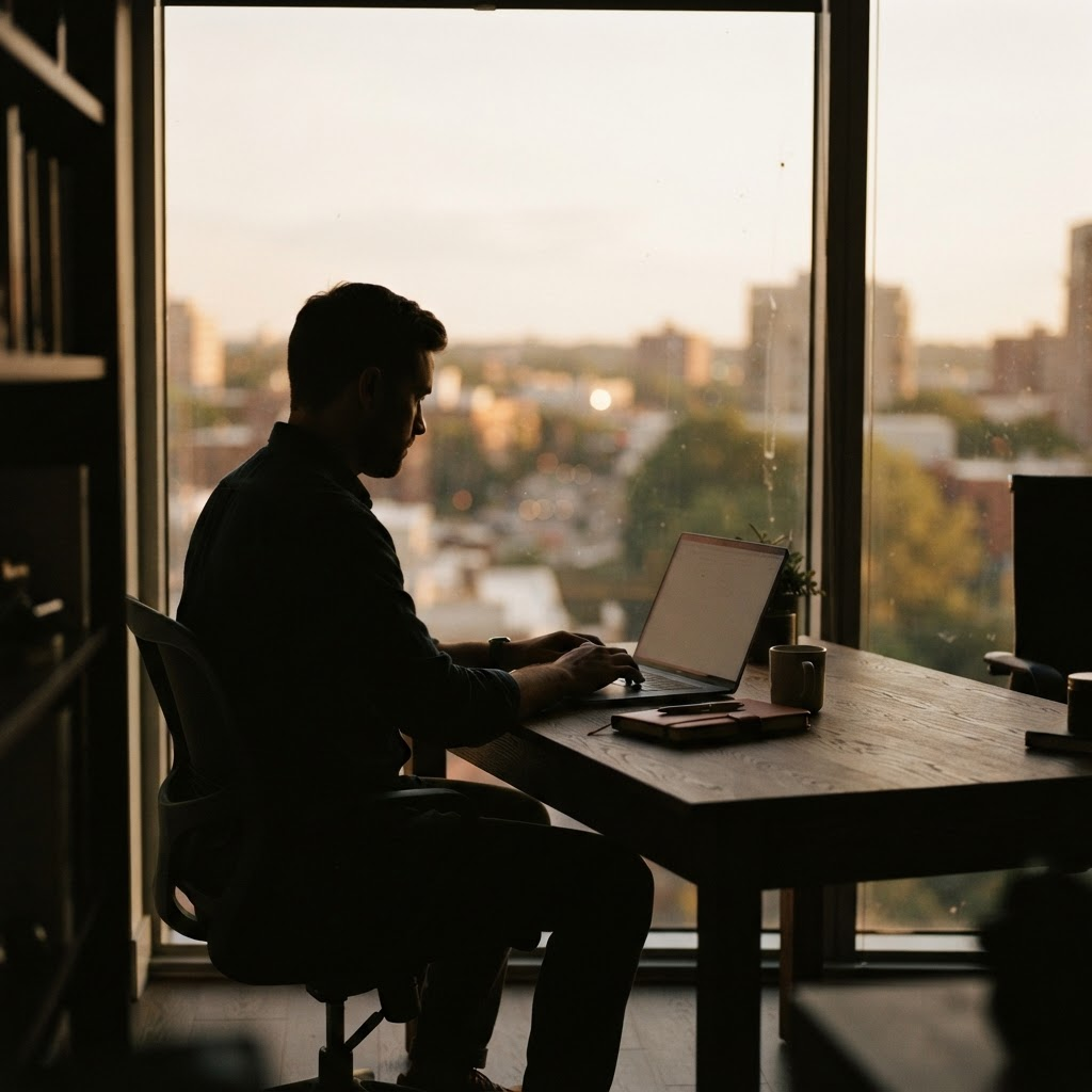 Silhouette of a professional working at an office desk by a window